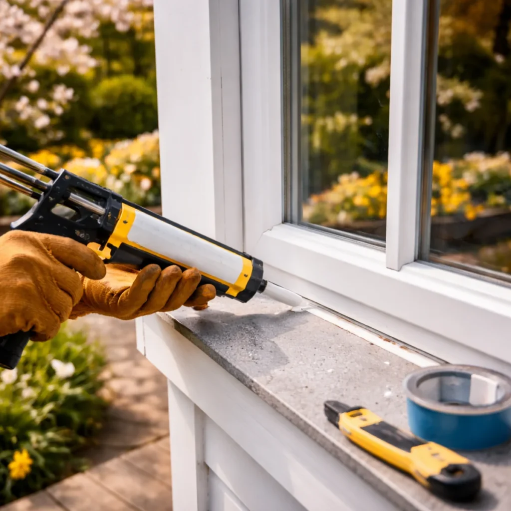 Uszczelnianie okna zewnętrznego silikonem podczas wiosennych prac remontowych przy domu