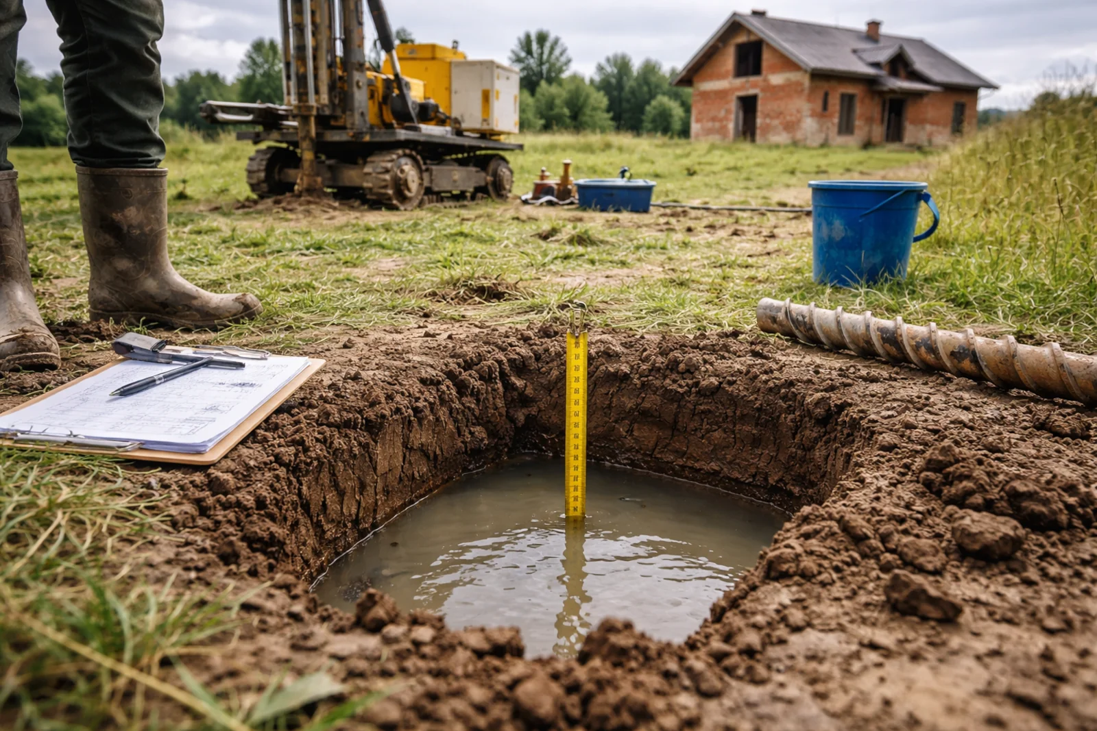 Poziom wód gruntowych na działce budowlanej sprawdzany podczas badań geotechnicznych przy wykopie z wodą
