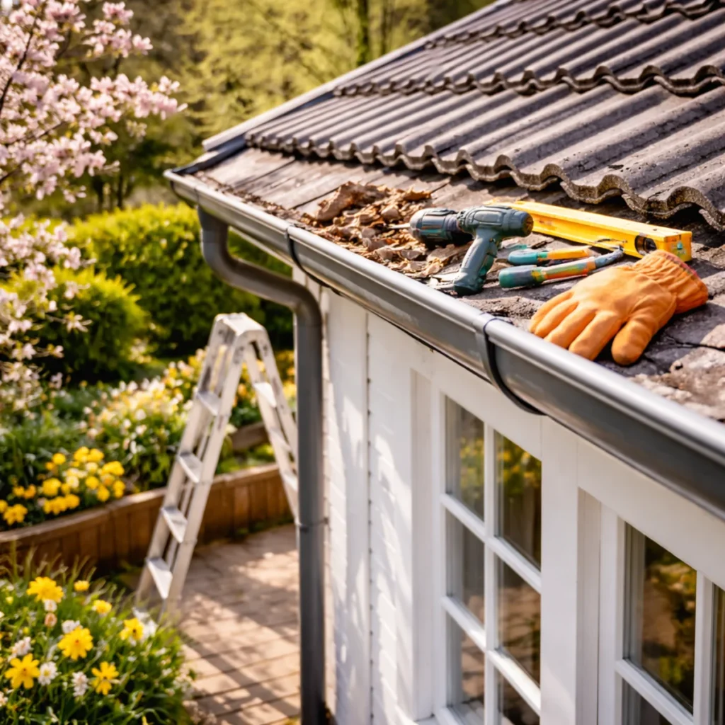 Zbliżenie na rynnę i dach domu wiosną podczas przeglądu i prac remontowych po zimie