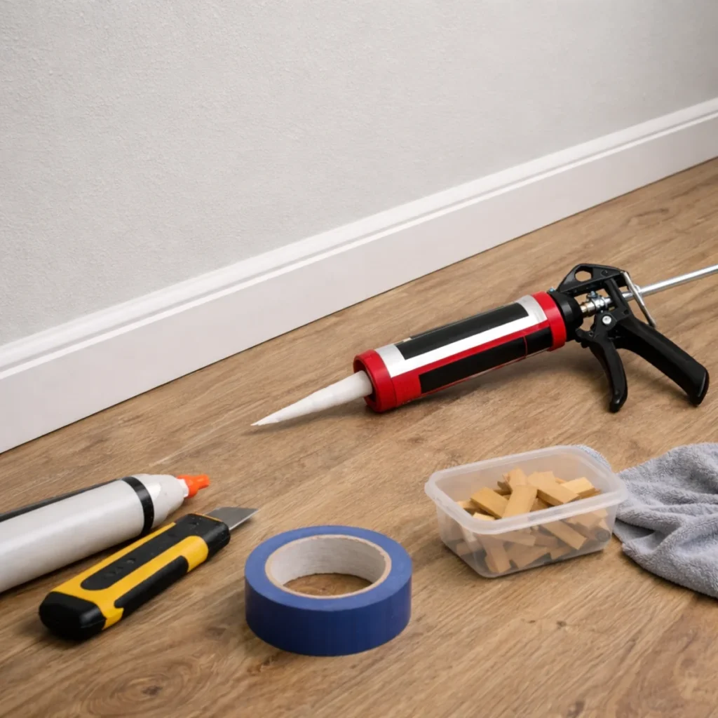 Przyklejona biała listwa przypodłogowa przy szarej ścianie i panelach podłogowych