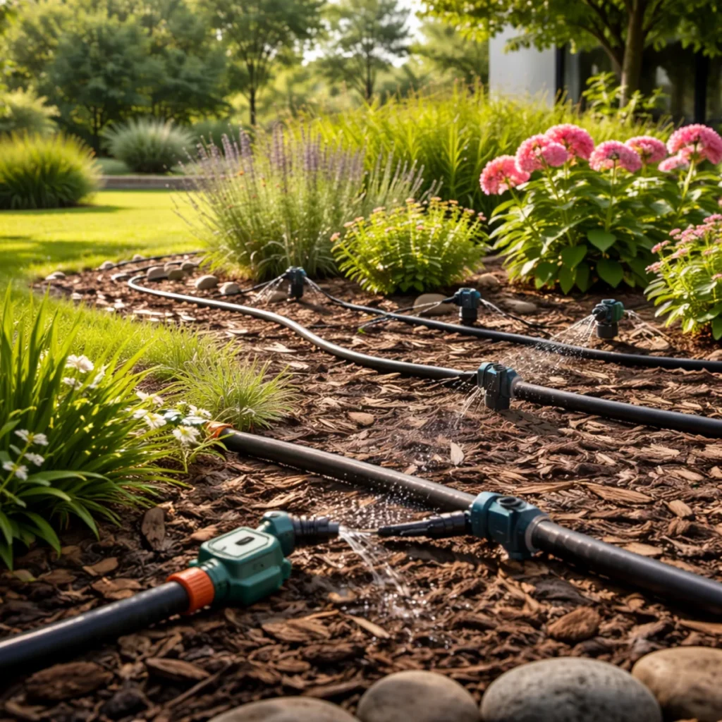 Czarne rurki nawadniania ogrodu rozłożone na ściółce w rabacie z roślinami