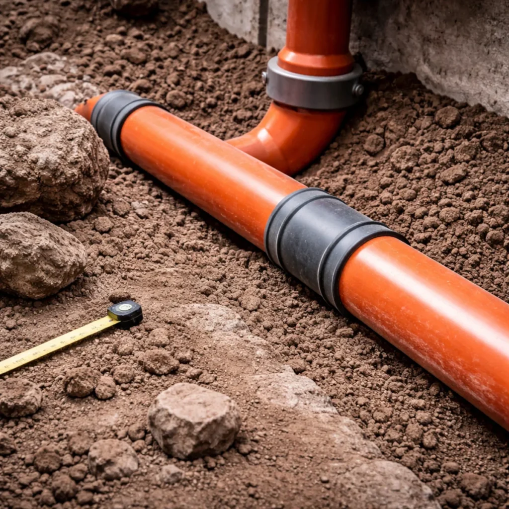 Pomarańczowe rury kanalizacyjne ułożone w wykopie z widocznym połączeniem instalacji odpływowej