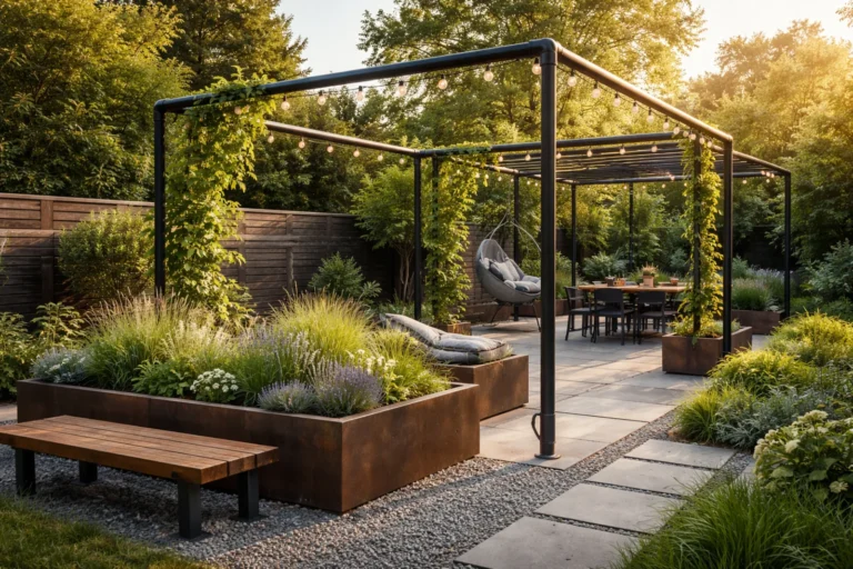 Nowoczesny ogród z czarną stalową pergolą, rabatami i tarasem w industrialnym stylu