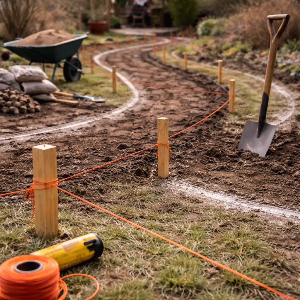 Zbliżenie na ścieżkę w ogrodzie wyznaczaną sznurkiem na drewnianych palikach