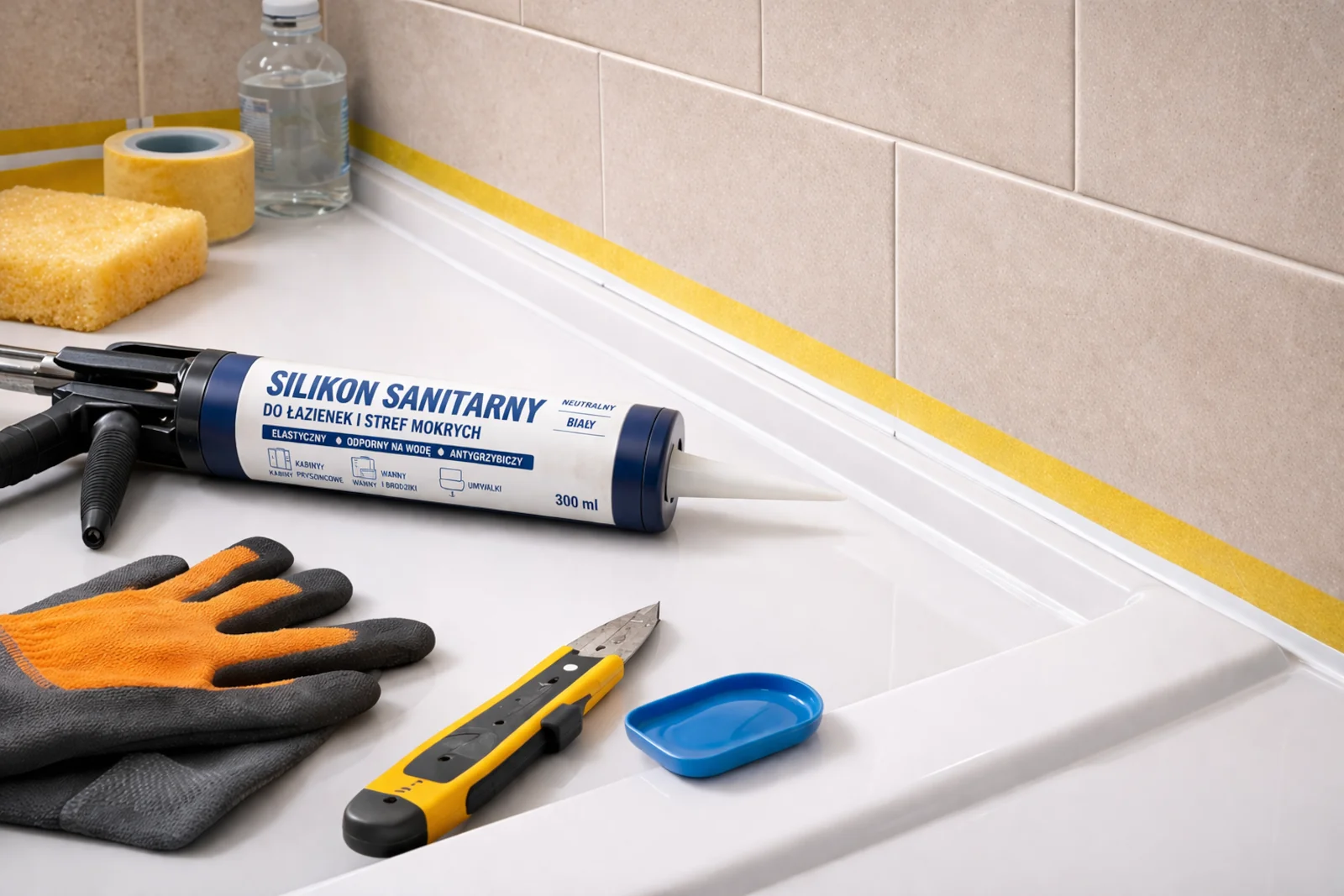 Silikon sanitarny i narzędzia do uszczelniania narożnika łazienki przy białym brodziku i płytkach ściennych