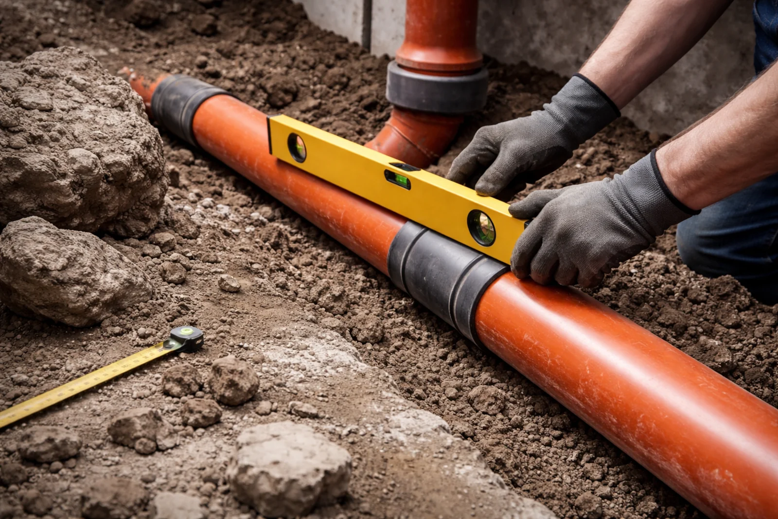 Pomiar spadku rur kanalizacyjnych poziomicą podczas montażu instalacji w wykopie