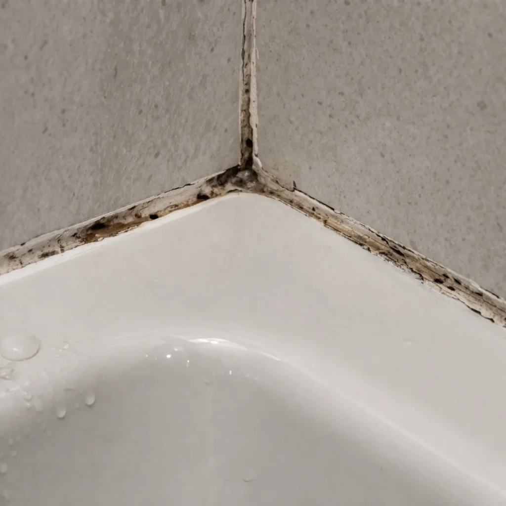 Zużyty silikon w narożniku łazienki przy wannie, widoczne zabrudzenia, pleśń i nieszczelna stara spoina