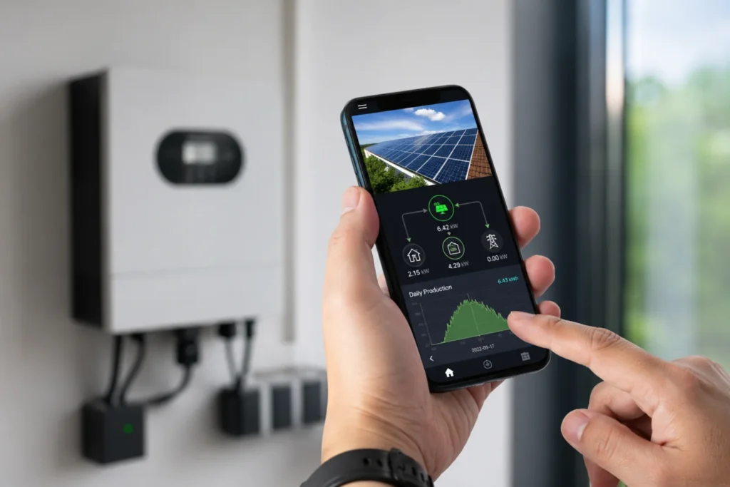 Aplikacja pokazująca uzysk instalacji PV na smartfonie obok domowego falownika fotowoltaicznego