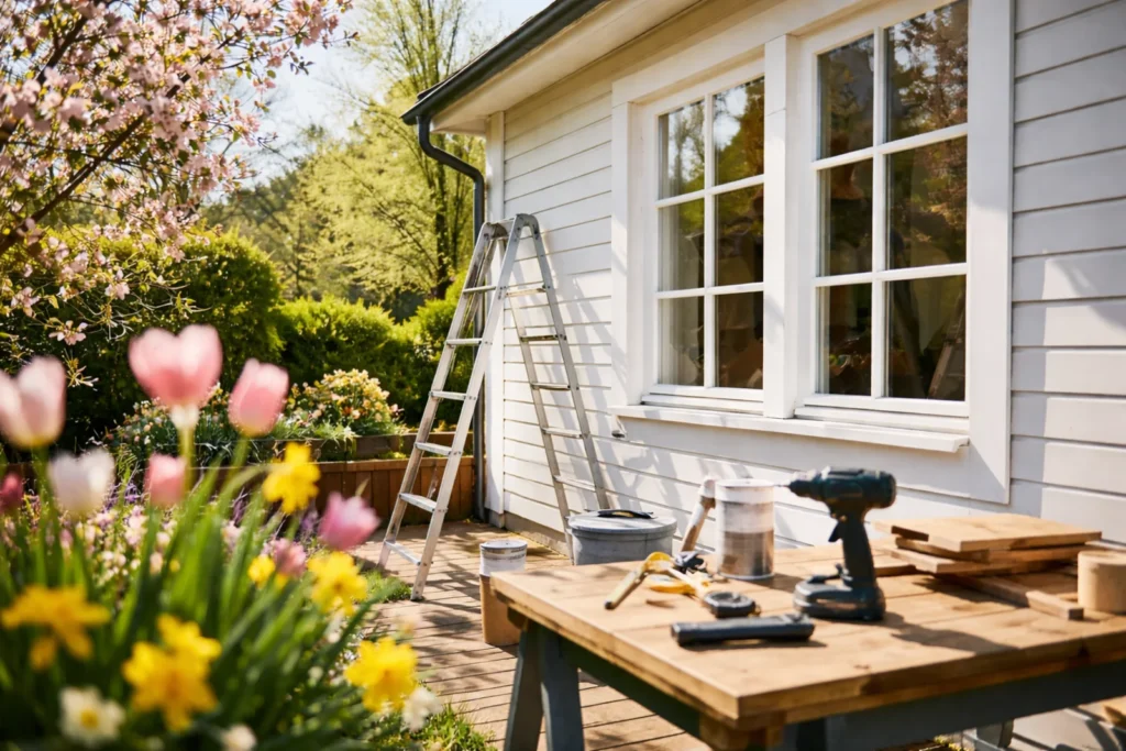 Wiosenne prace remontowe przy domu jednorodzinnym z widoczną drabiną, narzędziami i oknami zewnętrznymi