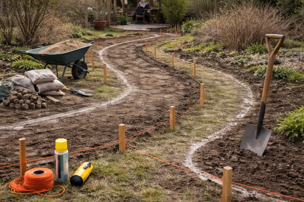 Wyznaczanie ścieżki w ogrodzie sznurkiem i palikami w ogrodzie na wczesną wiosnę