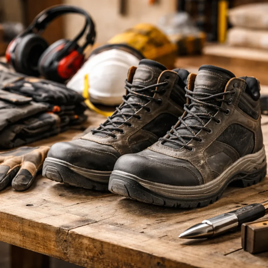 Wzmocnione buty robocze z podnoskiem na stole warsztatowym, zbliżenie na obuwie ochronne do prac przy domu