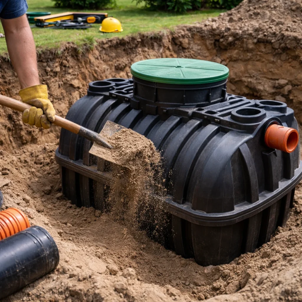 Pracownik zasypuje zbiornik na szambo piaskiem podczas montażu w wykopie