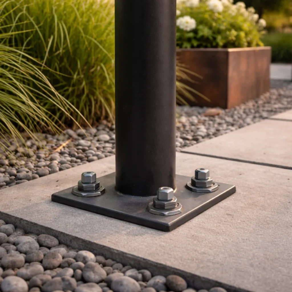 Zakotwiczenie stalowego słupa do betonowej płyty za pomocą stalowej podstawy i śrub