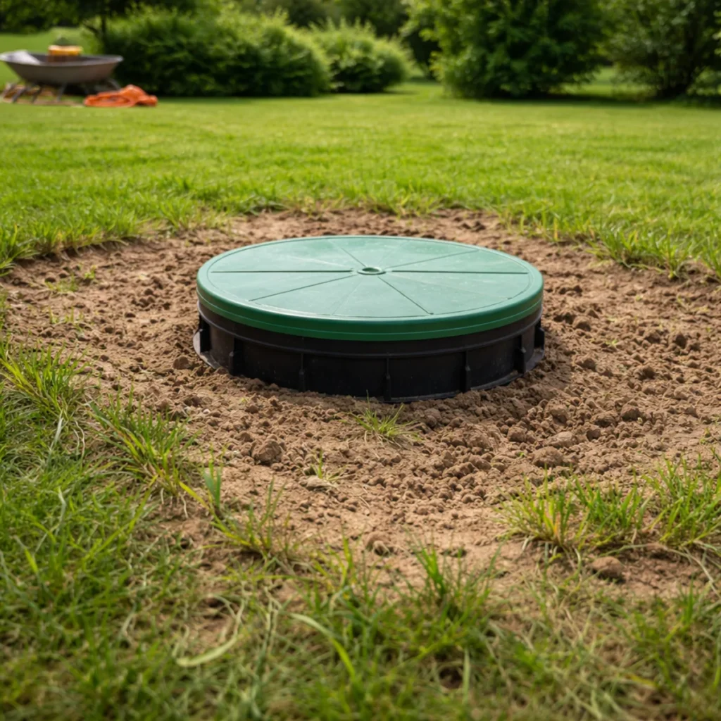 Zasypany zbiornik na szambo z widocznym włazem i odrastającą trawą na działce