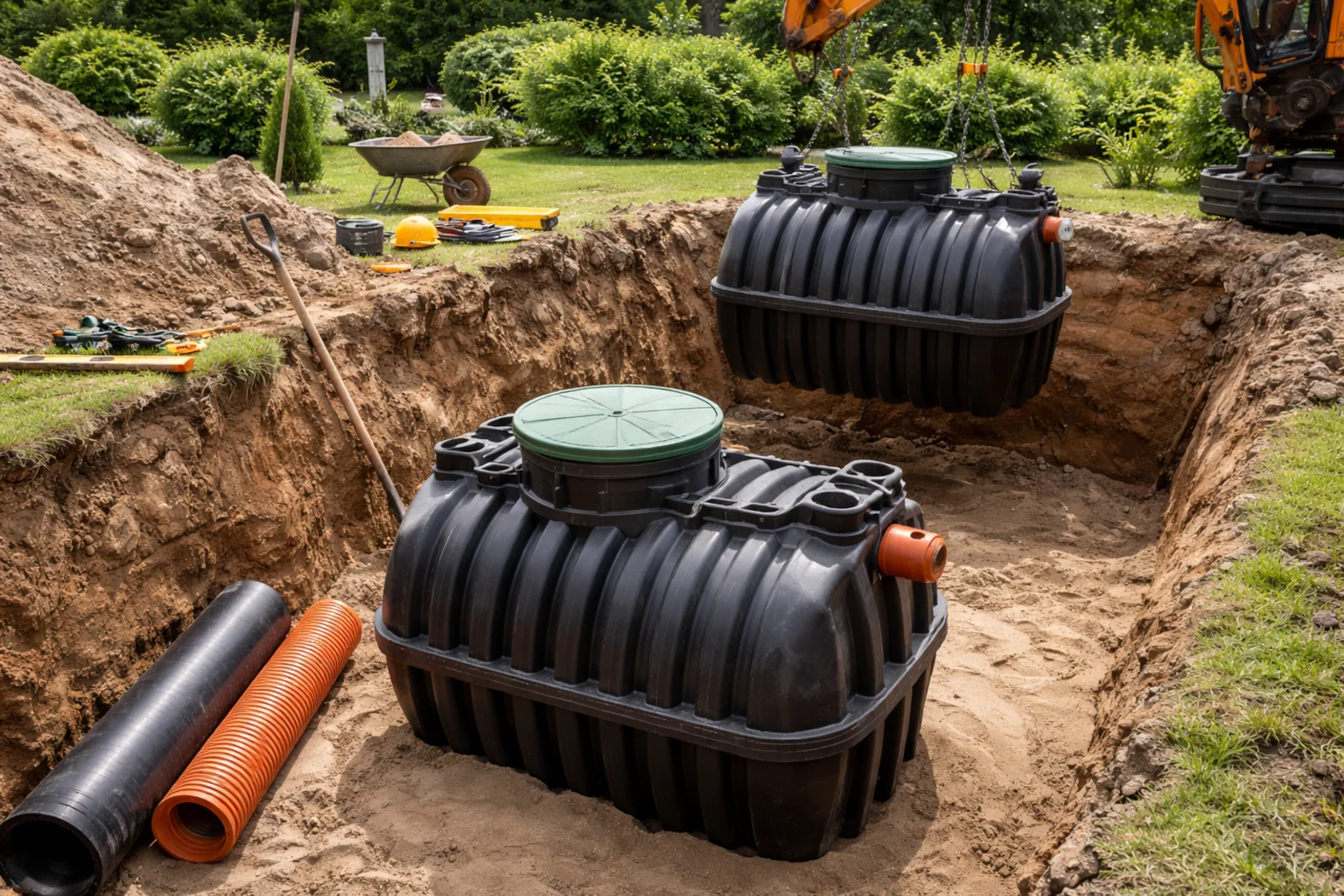 Montaż dwóch zbiorników na szambo w wykopie na działce przy domu jednorodzinnym