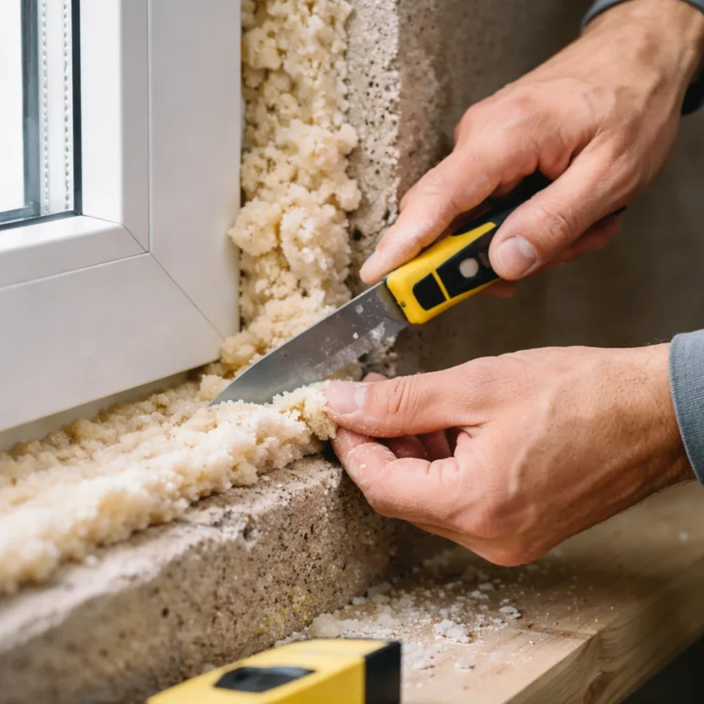 Zbliżenie na cięcie piany montażowej przy ramie okiennej