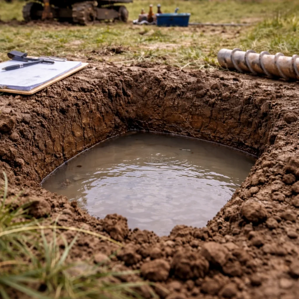 Zbliżenie na wodę w wykopie na działce budowlanej podczas sprawdzania poziomu wód gruntowych