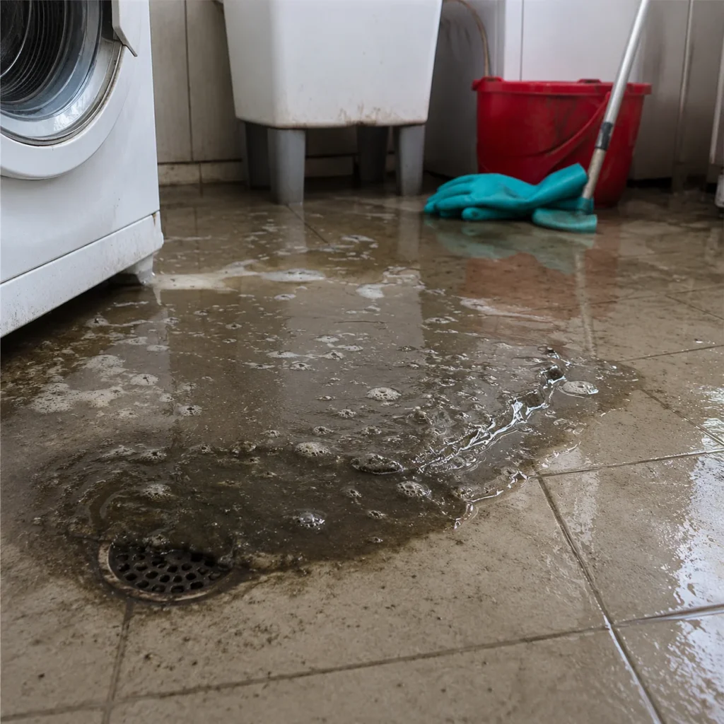 Zalana podłoga w pralni po cofce kanalizacyjnej z widocznym odpływem i brudną wodą