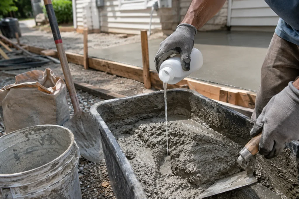 Domieszki do betonu dolewane do świeżej mieszanki podczas prac przy betonowej płycie przy domu