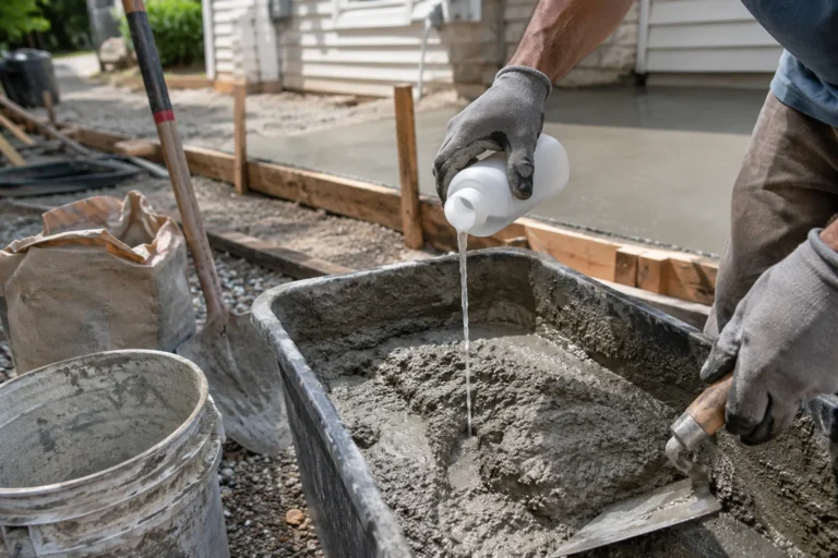 Domieszki do betonu dolewane do świeżej mieszanki podczas prac przy betonowej płycie przy domu