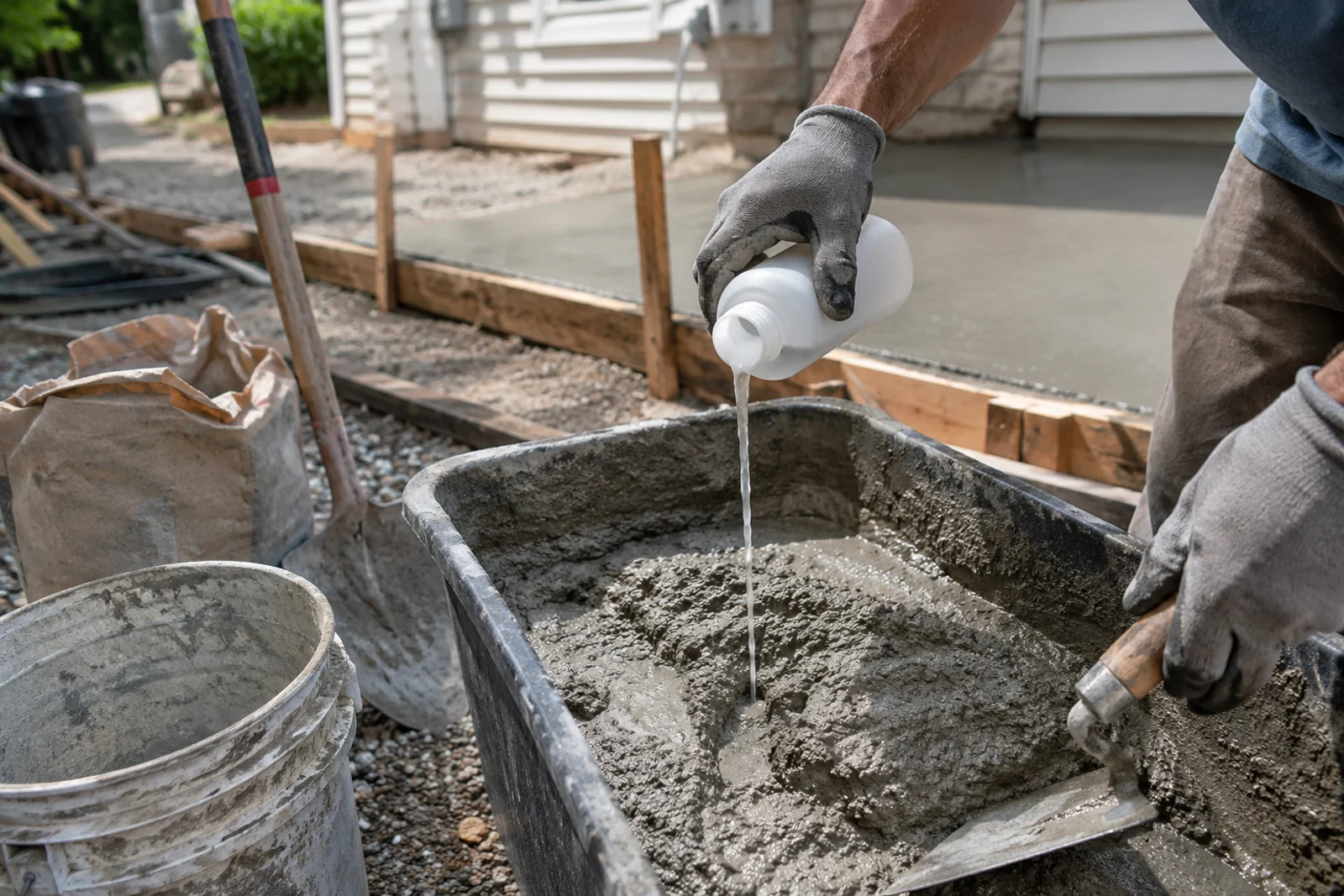 Domieszki do betonu dolewane do świeżej mieszanki podczas prac przy betonowej płycie przy domu