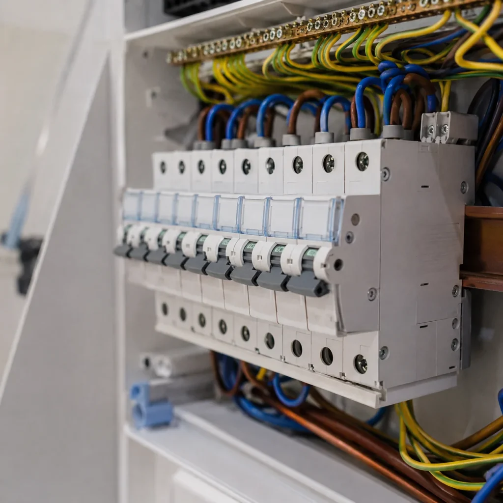 Zbliżenie na domowe bezpieczniki i przewody w rozdzielnicy elektrycznej po remoncie