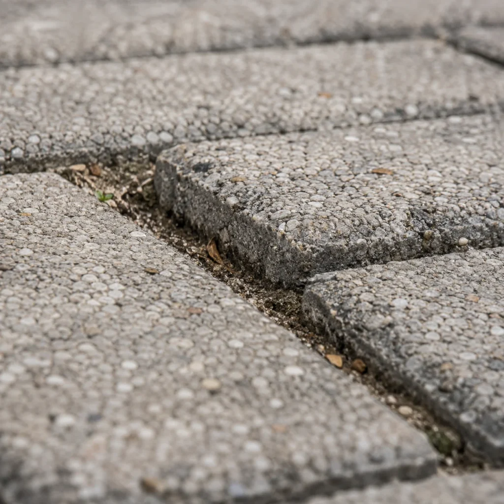 Makro zbliżenie na nierówną kostkę brukową z widocznymi szczelinami i zapadniętym fragmentem
