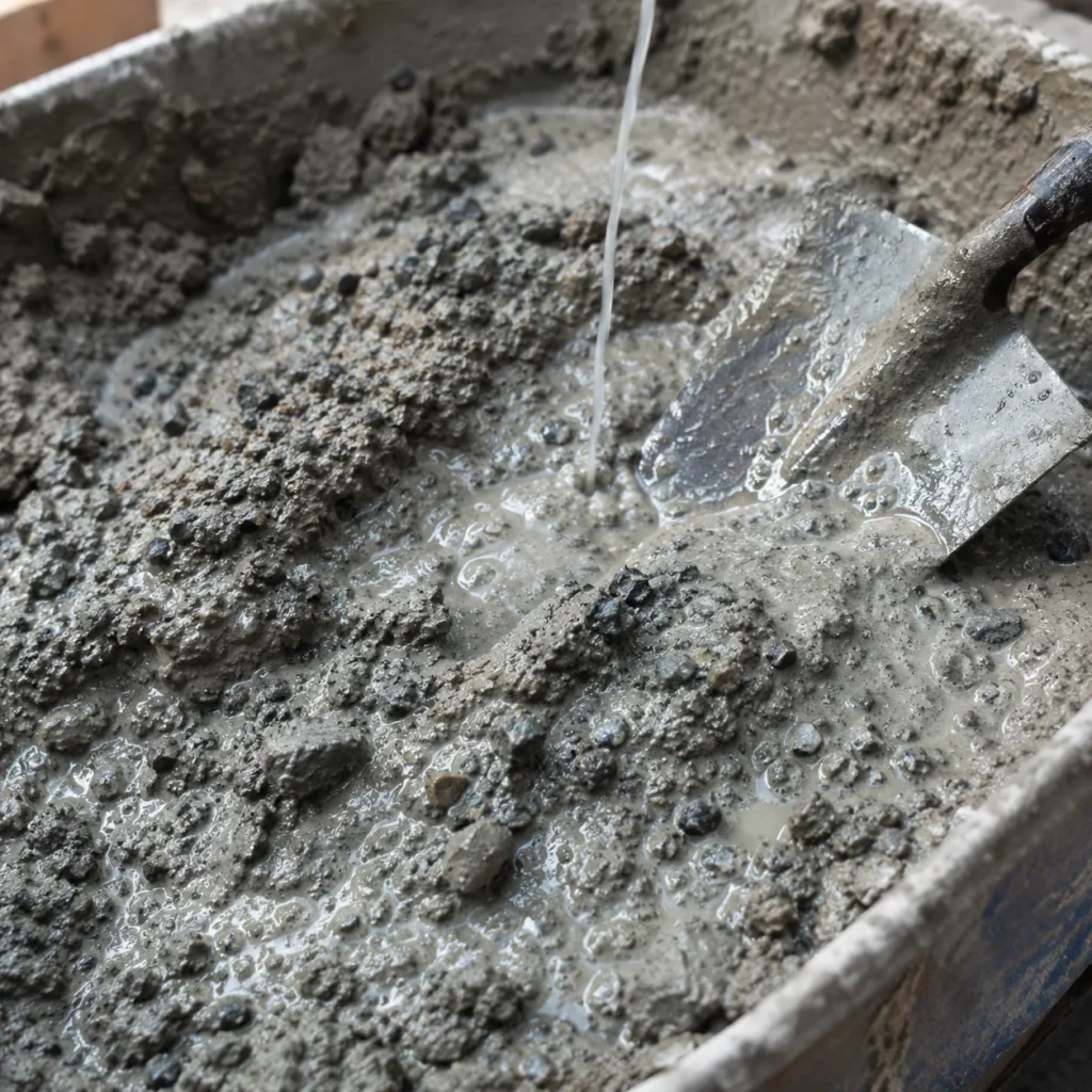 Makro zbliżenie na świeży beton z widocznym kruszywem, wodą i narzędziem do mieszania