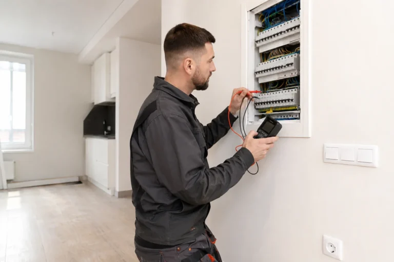 Elektryk wykonuje pomiary elektryczne po remoncie przy domowej rozdzielnicy w mieszkaniu