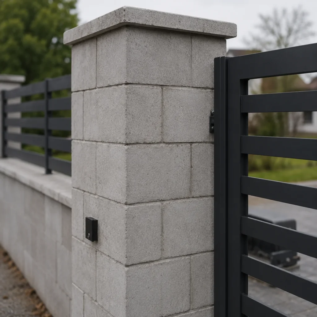 Słupek z bloczków betonowych przy nowoczesnej bramie przesuwnej