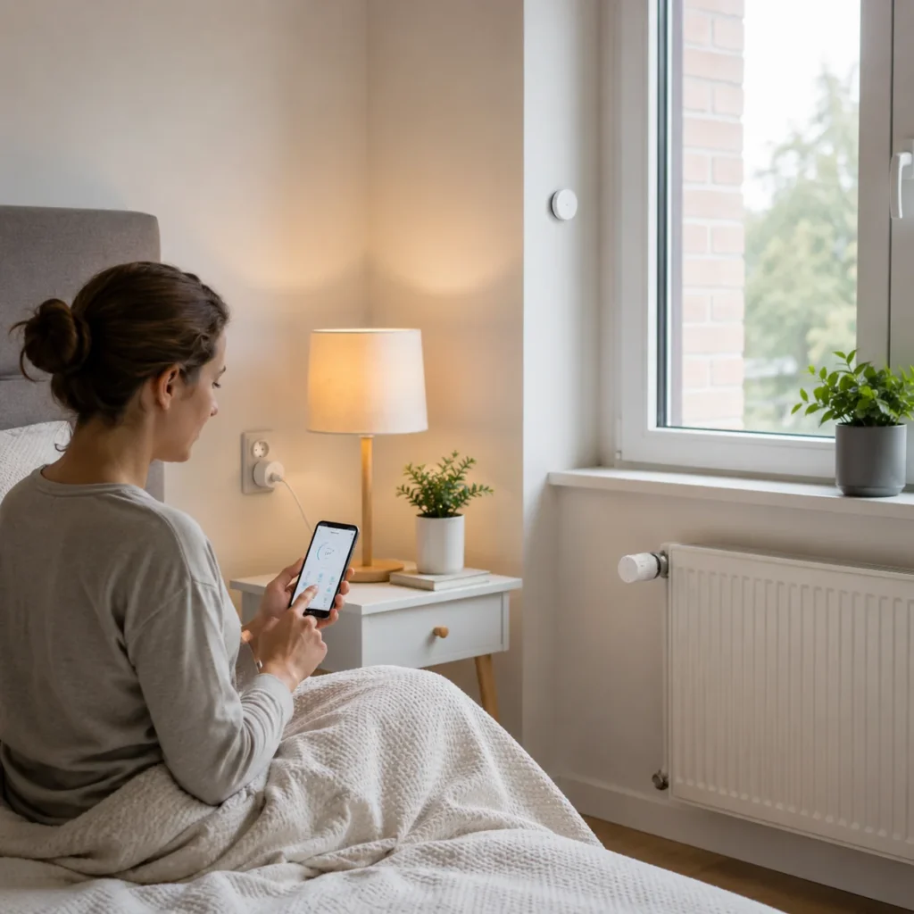 Smart dom w sypialni z lampką sterowaną z telefonu, inteligentnym gniazdkiem i głowicą termostatyczną przy grzejniku