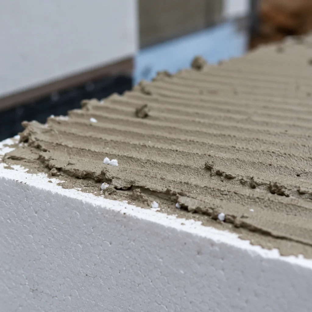 Makro zbliżenie na styropian pokryty klejem z widoczną strukturą płyty izolacyjnej