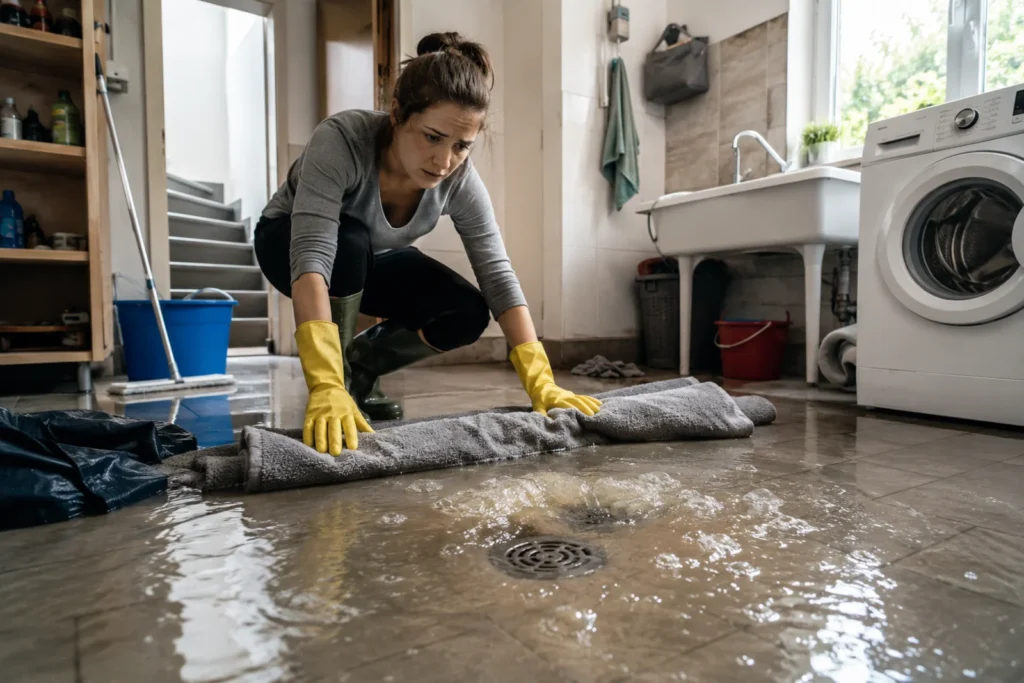 Kobieta zabezpiecza zalaną podłogę w pralni po wybiciu wody z kanalizacji