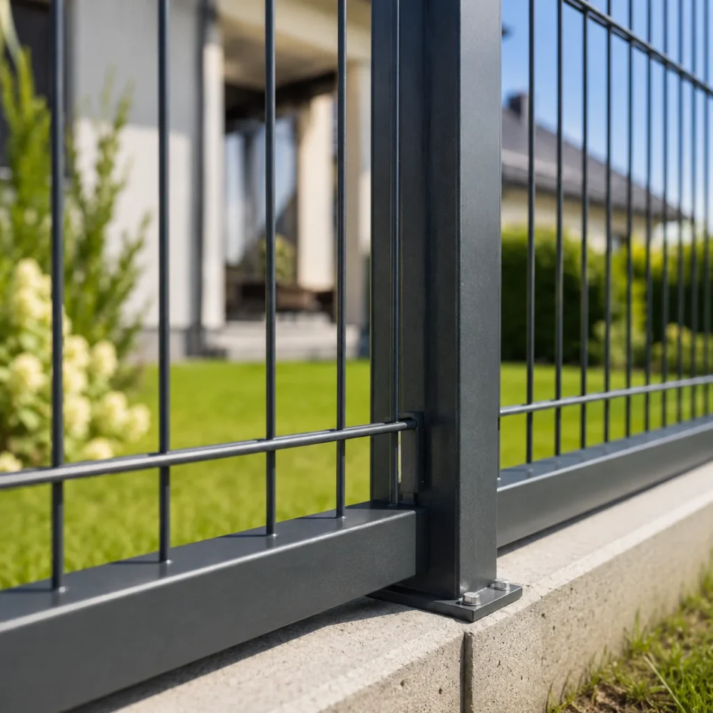 Zbliżenie na słupek i panel ogrodzenia na betonowej podmurówce