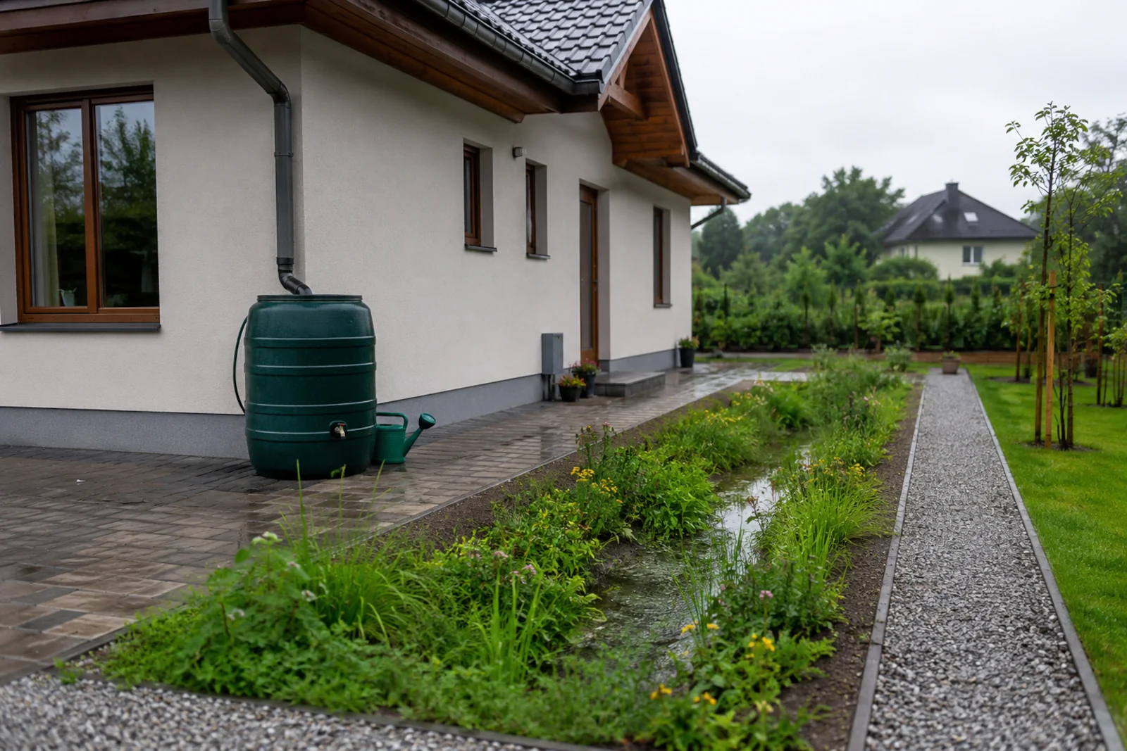 Odwodnienie działki przy domu z beczką na deszczówkę, ogrodem deszczowym i przepuszczalną ścieżką