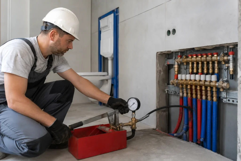 Hydraulik wykonuje próbę szczelności instalacji wodnej przed odbiorem w remontowanej łazience