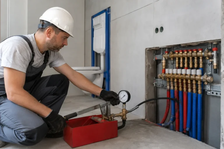 Hydraulik wykonuje próbę szczelności instalacji wodnej przed odbiorem w remontowanej łazience