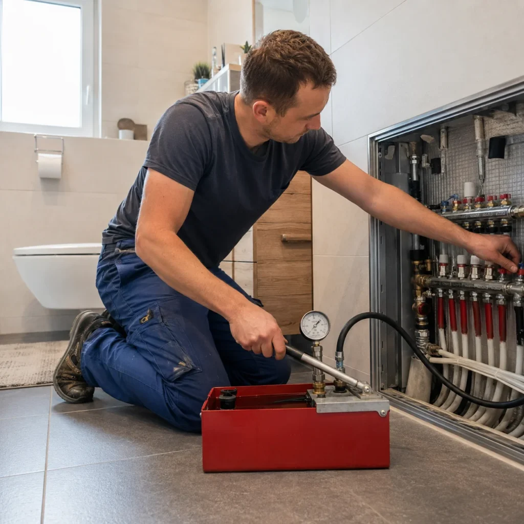 Próba szczelności instalacji wodnej w domowej łazience z użyciem pompy próbnej i manometru