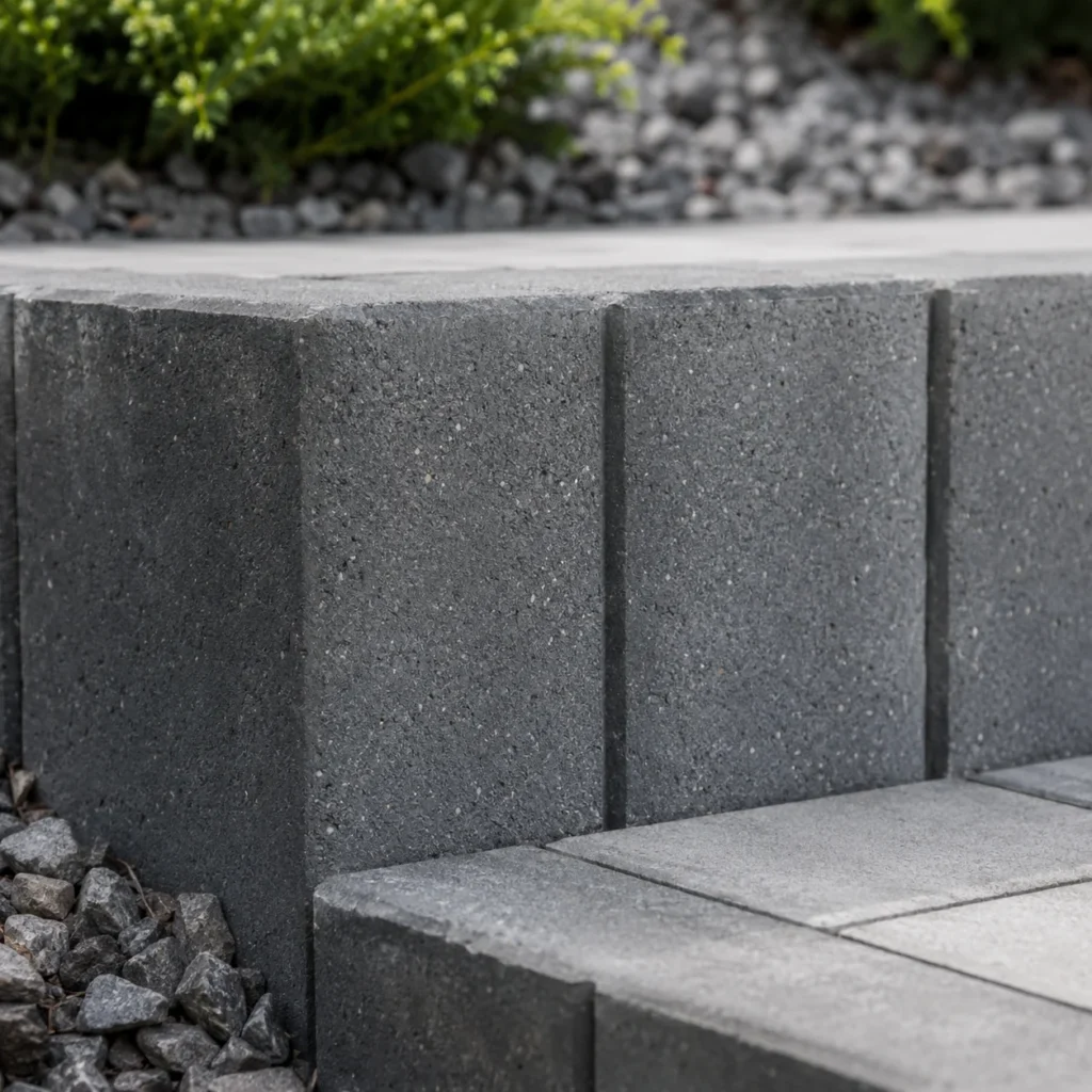 Zbliżenie na strukturę grafitowej palisady betonowej zastosowanej przy schodach
