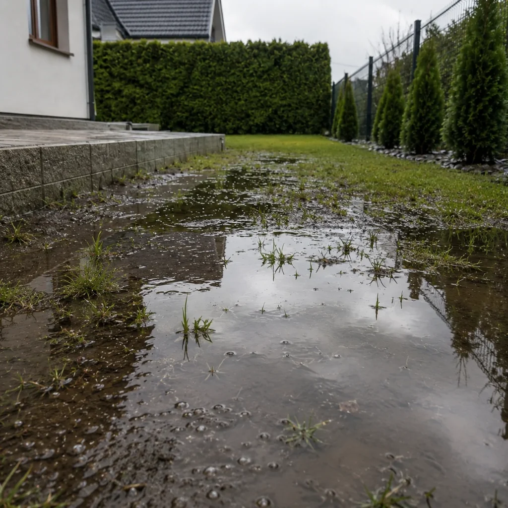 Zbliżenie na wodę stojącą na trawniku po ulewie przy ogrodzeniu