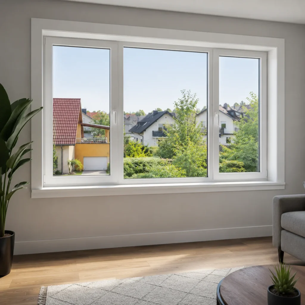 Wyremontowane duże okno w jasnym salonie po zakończonej modernizacji wnętrza