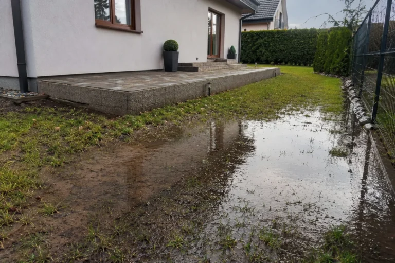 Zalany ogród po deszczu przy podniesionym tarasie i ogrodzeniu posesji