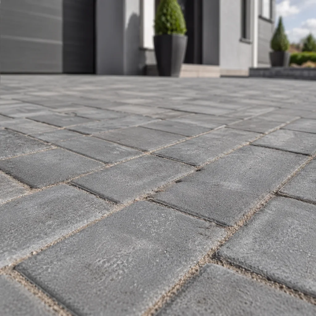 Zbliżenie na szarą kostkę brukową ułożoną na podjeździe przy domu