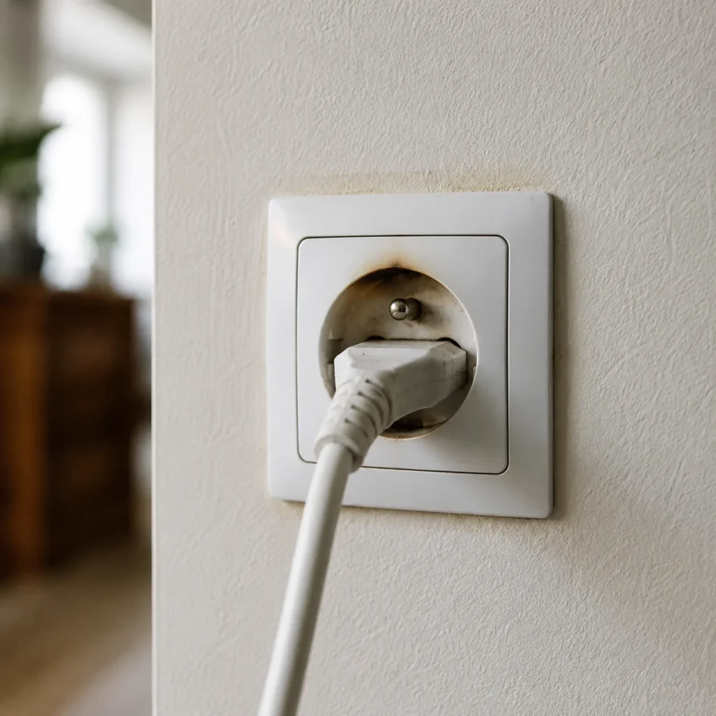 Polskie gniazdko elektryczne z bolcem ochronnym i śladami przegrzania