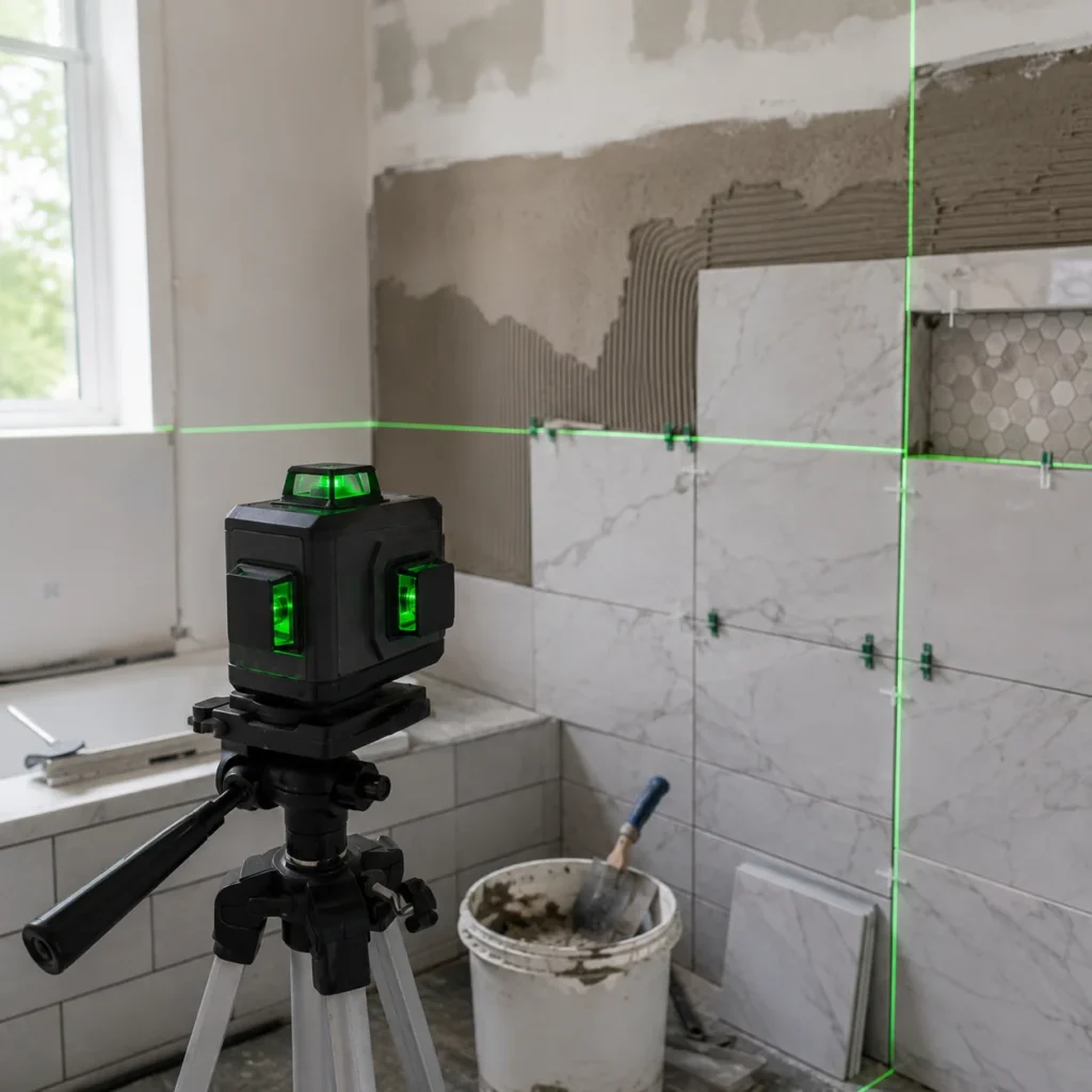 Laser 360 na statywie wyznaczający poziom i pion podczas układania płytek w łazience