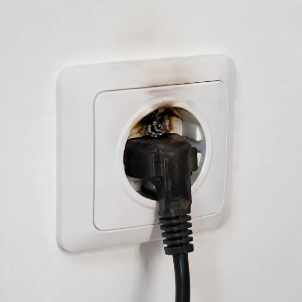 Nadpalone gniazdko elektryczne z czarną wtyczką i stopionym plastikiem
