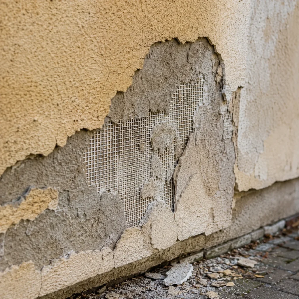 Odspojony tynk elewacyjny z widoczną siatką zbrojącą i uszkodzoną warstwą klejową