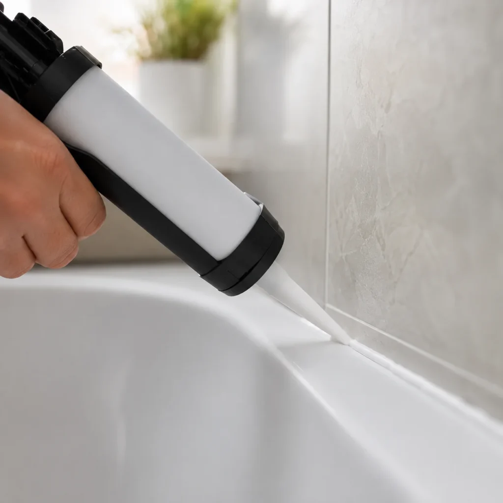 Pistolet nakładający silikon sanitarny przy krawędzi wanny