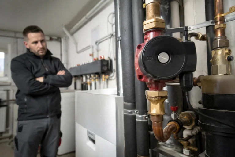 Pompa obiegowa w instalacji centralnego ogrzewania sprawdzana przez mężczyznę w kotłowni