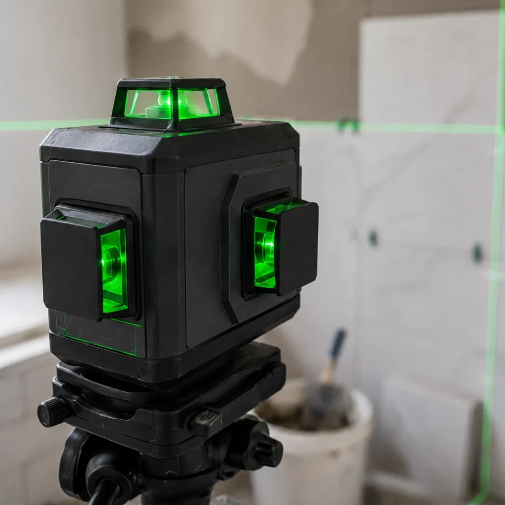 Zbliżenie na poziomicę laserową 360 z zielonymi emiterami zamontowaną na statywie